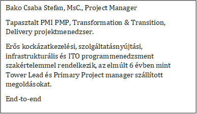 Bako Csaba Stefan, MsC., Project Manager
Tapasztalt PMI PMP, Transformation & Transition, Delivery projektmenedzser.
Erős kockzatkezelsi, szolgltatsnyjtsi, infrastrukturlis s ITO programmenedzsment szakrtelemmel rendelkezik, az elmlt 6 vben mint Tower Lead s Primary Project manager szlltott megoldsokat.
End-to-end
